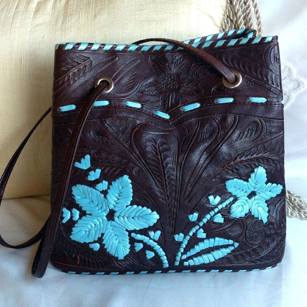 Vintage Hand-tooled Leather Bucket Bag- Love Turquoise?